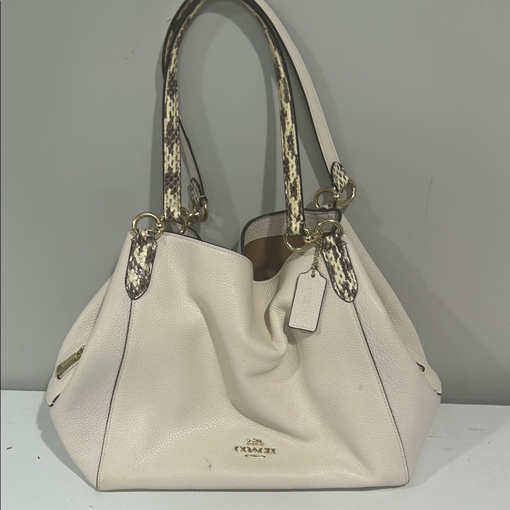 Coach Cream Shoulder Bag with Textured Leather and Metallic Handles
